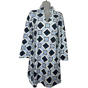 MAHI Gold Tunic Dress Womens S 3/4 Sleeves Geometric V-Neck Navy Blue NEW